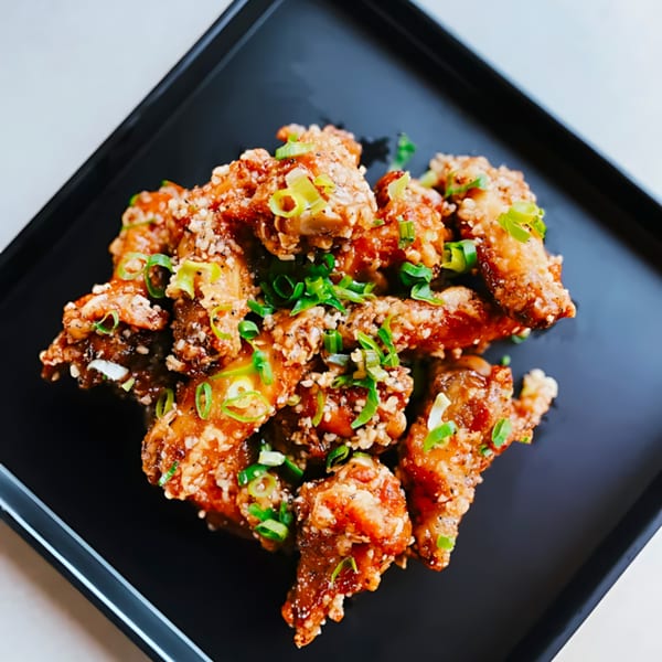 Crispy Chinese chicken wings, garnished with chopped green onions and sesame seeds, on a black plate.